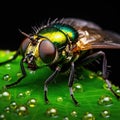 An extreme close-up of a fly on a leaf, its compound eyes reflecting the world in a myriad of tiny images