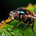 An extreme close-up of a fly on a leaf, its compound eyes reflecting the world in a myriad of tiny images