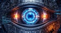 Futuristic Digital Eye with Glowing Blue and Orange Circuits and Data Streams technology Royalty Free Stock Photo