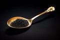 Extreme close up of a golden spoon with black caviar. Beautiful light and glare on fish eggs