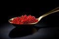 Extreme close-up of a golden spoon with red caviar. Beautiful light and glare on fish eggs. Generated by AI