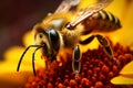 An extreme close-up of a honeybee collecting pollen from a flower
