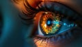 Extreme close-up of human eye with computer code reflection, tech integration. Iris displays cyber circuit patterns, binary data. Royalty Free Stock Photo
