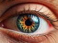 Extreme close-up of a human eye, showing the intricate pattern and colors