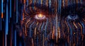 Close-up of a Human Face Composed of Digital Data Streams and Binary Code image photo Royalty Free Stock Photo