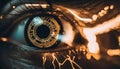 An extreme close up of human\'s eye with reflection of a glowing circuit diagram, electric lights