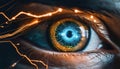 An extreme close up of human\'s eye with reflection of a glowing circuit diagram, electric lights