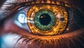 An extreme close up of human\'s eye with reflection of a glowing circuit diagram, electric lights