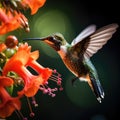 An extreme close-up of a hummingbird feeding on a trumpet vine flower, its wings a blur, and pollen dusting its beak