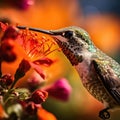 An extreme close-up of a hummingbird feeding on a trumpet vine flower, its wings a blur, and pollen dusting its beak