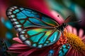An extreme close-up of the iridescent scales on a butterfly\'s wing resting on a vibrant flower