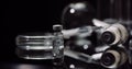 Laboratory Equipement: Syringe and Medicine, Test Tubes and Flasks Rotating on Black Background. Royalty Free Stock Photo