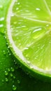 Extreme close up of a lime slice in water splashes. Sliced lime isolated on green background with water drops. Vertical Royalty Free Stock Photo