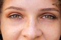 Extreme close-up macro portrait of young face, pretty woman's eyes looking at camera, smiling Royalty Free Stock Photo