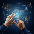 Photorealistic close-up of hands performing secure digital authentication on a futuristic transparent screen, displaying complex g Royalty Free Stock Photo