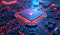 Extreme close-up of quantum processor chip shows computing architecture. Superconducting qubits illuminated with red lights.
