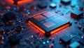 Extreme close-up of quantum processor chip. Superconducting qubits, quantum computing architecture visible. High-tech design.