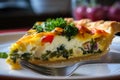 Extreme close-up of a quiche slice with flaky pastry crust, cheesy egg filling, and colorful veggies