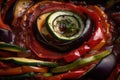 extreme close-up of a ratatouille dish, capturing the detail and texture of each individual ingredient