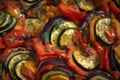 extreme close-up of a ratatouille dish, capturing the detail and texture of each individual ingredient