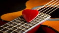 Red Guitar Pick Above the Strings of an Old Acoustic Guitar - Generative Ai Royalty Free Stock Photo