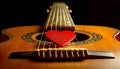 Red Guitar Pick Above the Strings of an Old Acoustic Guitar - Generative Ai Royalty Free Stock Photo