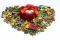 Close up of A red heart metal gift box on colorful dried flowers used as wallpaper Royalty Free Stock Photo