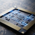 Extreme Close-Up of a Server CPU Chip with Flowing Blue Data Streams Royalty Free Stock Photo