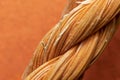 Extreme close up shot of fibers of orange Nylon rope