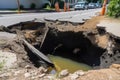 extreme close-up of sinkhole, with water and debris visible