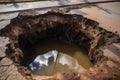 extreme close-up of sinkhole, with water and debris visible