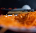 Pile of grated carrot on white plate with blurry background