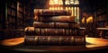 Stack of Old Leather Books on a Wooden Table in an Ancient Library - Generative Ai Royalty Free Stock Photo