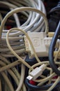 Extreme Close-up of Tangled Computer Cables, DVI Adapter, and USB Connectors Royalty Free Stock Photo