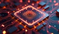 Extreme close-up tech chip with glowing qubits. Quantum computing processor shows complex architecture. Futuristic tech design.