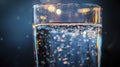 An extreme close-up of a transparent glass filled with drinking water, illuminated by a bright light source Royalty Free Stock Photo