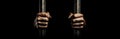 Closeup of Two Hands Inside a Prison Holding the Cage Bars on a Black Background - Generative Ai Royalty Free Stock Photo