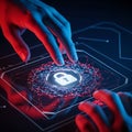 High-security photorealistic 4K render of hands interacting with a biometric data interface displaying a glowing digital padlock r Royalty Free Stock Photo