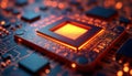 Extreme close-up view of quantum processor chip. Superconducting qubits, quantum computing architecture highlighted. Advanced