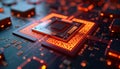 Extreme close-up view of quantum processor chip. Superconducting qubits, quantum computing architecture highlighted. Tech