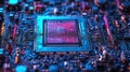 Extreme close-up view of quantum processor chip. Superconducting qubits, quantum computing architecture visible. Complex tech