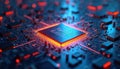 Extreme close-up view of quantum processor chip. Superconducting qubits, quantum computing architecture visible on dark tech
