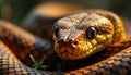 Extreme close-up view of snake head. Intricate patterns, piercing intensity of snake eyes clearly visible. Snake observing