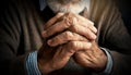 Wrinkled Hands with Fingers Crossed of an Old Man in Prayer - Generative Ai