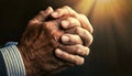 Wrinkled Hands with Fingers Crossed of an Old Man in Prayer - Generative Ai Royalty Free Stock Photo