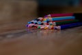 Extreme closeup of a color pencils tips with selective focus and blurred background Royalty Free Stock Photo