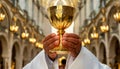 Closeup of Hands of a Priest Holding a Golden Chalice - Generative Ai