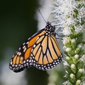 Close-up of Monarch butterfly feeding on white liatris flowers Royalty Free Stock Photo