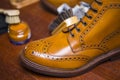 Extreme Closeup of Premium Male Brogue Tanned Boots