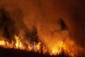 Extreme closeup of raging grass wildfire at night. Inspiration for danger, bushfire warning, posters or memes. Wallpaper or Royalty Free Stock Photo